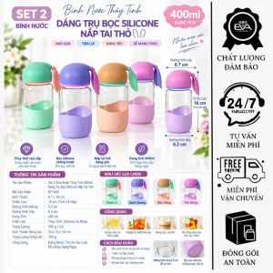 Bộ 4 Bình Nước Thủy Tinh 400ml Bọc Silicone Nắp Thỏ Con Dễ Thương