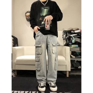 JOJO BOY ยีนส์ผู้ชาย กระเป๋าหลายช่อง กางเกงใส่ทำงาน แนวโน้ม สไตล์ไฮสตรีท ฮิพฮอพ ไม่เป็นทางการ ทนต่อการสึกหรอ ใช้งานได้หลากหลาย ขากว้าง กางเกงขาตรง Oversize