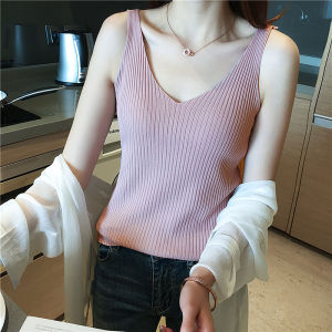 FRAN Summer women knitted sleeveless top casual tank top plain V-neck top