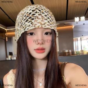 [COD] WEICHENG Fashion Vintage Sequined Hollow Pullover Hats Women Summer Autumn Travel Photo Atmosphere Versatile Casual Y2K Knit Beanie Hat