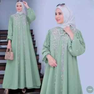 Gamis Terbaru Aplikasi Bordir Bahan Crinkle Airflow-Vioni Dress Bordir Dua Layer-Gams Kondangan Sage Green