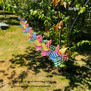 ROLL 10pcs/set with Steel Wire Rope Arch Corridor Windmill with Rope Strings Colorful Colorful 5 Leaves Pinwheels High Quality Handmade Striped Circular Suspension Windmill Yard and Garden