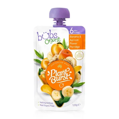 Bubs Organic Banana and Apricot Power Porridge Puree Pouch 6M+