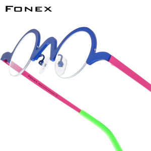FONEX กรอบแว่นตาไททาเนียมผู้ชายแว่นสายตาน้ำหนักเบาย้อนยุคสำหรับผู้หญิงแว่นตาสี่เหลี่ยมวินเทจขนาดเล็กครึ่งขอบกึ่งไร้ขอบสไตล์ญี่ปุ่น85780