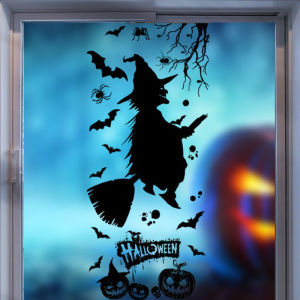 Decal HALLOWEEN- Hít tĩnh điện- Người rơm cưỡi chổi bay in sắc nét -DM003