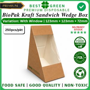 BioPak Kraft Sandwich Wedge Box With Window 123mm x 123mm x 72mm 250pcs/pkt Food Safe Good Quality Non-Toxic