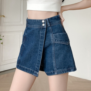 GHAOHES กางเกงกระโปรงยีนส์ สีดำสีน้ำเงินเอวสูงการออกแบบไม่สม่ำเสมอ เก็บพุงดูผอม #118