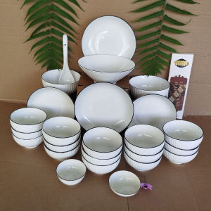 Set bát đĩa sứ 23 chi tiết trắng Seka Bộ chén dĩa viền đen sang trọng