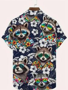 ZEEMIN  New Mens Shirt Raccoon Print Short Sleeve Lapel Tops Summer Casual Hawaiian Shirts For Men Oversized Shirt Outdoor Vacation Set