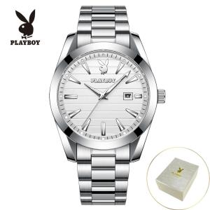 PLAYBOY นาฬิกาผู้ชาย2024ใหม่กันน้ำหน้าปัดเรียบง่ายปฏิทินสแตนเลสสายเหล็กนาฬิกาควอทซ์แบบดั้งเดิมของผู้ชาย