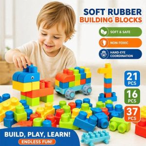 Soft Rubber Building Blocks Set Baby Teether Safe Tpe Plastic Diy Puzzle Learning Toy Gift