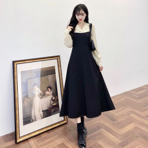 Gaun Wanita Lengan Panjang Jahitan Palsu Dua Potong Gaun A-line Atasan Ramping Gaun Bersalin