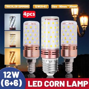 【4-PCS】12W Tricolor Corn Bulb Chandelier Super High Brightness E27 LED 12W Lamp Light AC 220V Household Commercial Bulb High Brightness Spotlight
