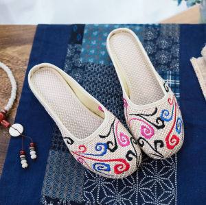 [Free Shipping] Linen Slippers Embroidered WomenS Closed-Toe Sandals Casual Summer Walking Shopping And Travel Sandals With A Durable Rubber Sole