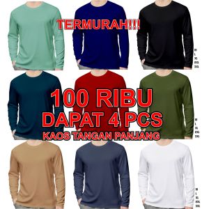 ( TERMURAH ) paket hemat isi 4 pcs kaos polos lengan panjang - baju oblong reguler ukuran M - 3XL