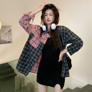 Kemeja kotak-kotak perca merah muda wanita gaya Korea atasan kasual longgar lengan panjang