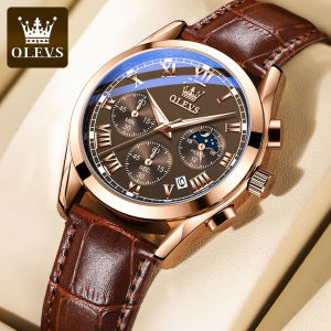 OLEVS 2871 Quartz Men Sport Watch Round-dial Genuine Leather Watchband Wristwatch Moon Phase Chronograph Luminous