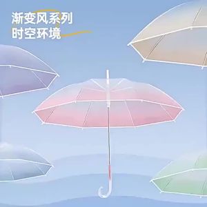 [OKLIFE. SG]Gradient Clear Rain Umbrella Long Curved J‑Hook Handle Transparent Lightweight Umbrella for Daily Outdoor
