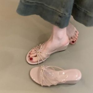 [Free Shipping] 2026 New Summer Womens Beach Sandals with Skirt Thin Strap Wedge Flip-Flops for Outdoor Wear