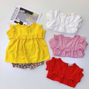 [HCM]Bộ quần áo bé gái chất đũi quần hoa 3 chi tiết có tuban cài đầu cổ viền bèo nút sau 7kg đến 18kg( màu trắng vàng hồng xanh)