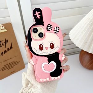 3D cute cartoon labubu pink and black patchwork color silicone case for iPhone 11 12 13 14 15 16 Pro Max casing Cartoon animal soft silicone protective cover for iPhone case