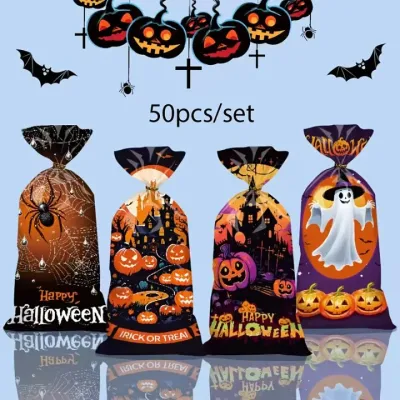 Halloween Candy Bags with 4 Spooky Designs (Bats Pumpkins Witches Ghosts) - Flat Pocket Gift Bags
