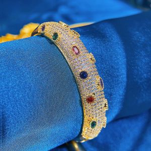 SEQUITO Luxury Women Wrist Jewelry Pave Setting Colorful AAA CZ Cubic Zircon Yellow Gold Plated Gorgeous Open Cuff Bangle for Wedding Party B318