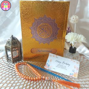 ALQuran Cover Emas Premium FREE Custom Nama Ukuran A5 Free Kalam & Tasbih Mutiara Premium