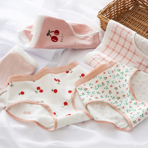5 Piece Japanese cotton cherry floral girls underwear 24 hours dry breathable soft cotton inner crotch cute girls mid-waist underwear