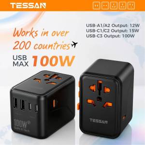 TESSAN 100W Universal Travel Adapter GaN with USB-C and USB-A Ports Fast Charge Travel to Japan Korea China HongKong