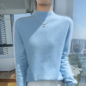 Mink Cashmere Sweater for Women Half Turtleneck Loose Pullover Large Size Knitted Womens Clothing Hot Sale Top Spring Autumn