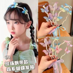 Korean-style Childrens New Pearl Butterfly Braided Headband Ribbon Pearl Headband Female