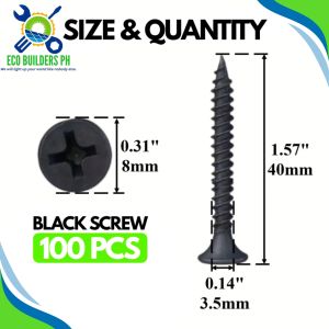 100 PCS | Black Screw for Wood and Metal Self Tapping Flat Head Drywall Screw 1 inch to 3 inches || ECO