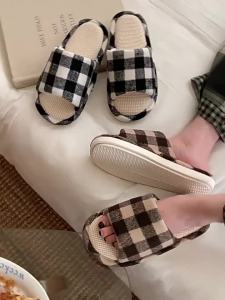 WY-XIXITIAO Womens Slippers ins Color-Contrast Check Four Seasons Universal Indoor Home Sweat-Absorbent Breathable Comfortable Cotton Slippers