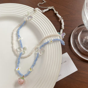 Mutia - Necklace Kalung Rantai Manik - Manik Pearl Beads Double Layer Soft Colour Aksen Liontin Pink flower Peach Hati Kupu - kupu Aksesoris Fashion Untuk Wanita Korea Style [G4-1] [X]
