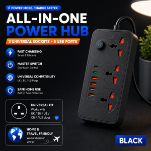 9-in-1 UK 3 Pin Fused Plug Extension Socket 3 AC + 4 USB + 2 Type-C Power Strip 2M Cord Switch 2000W Child Safety