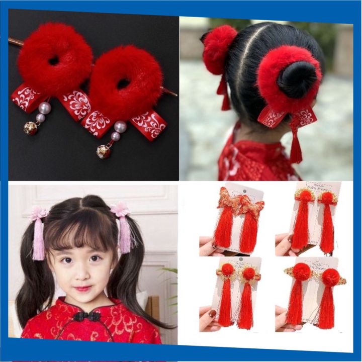 Kẹp tóc màu đỏ/ Cột tóc phong cách Trung hoa nhiều may mắn năm mới cho ...