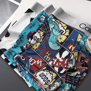 4PCS Mens Boxer Loose Fitting Ice Silk Printed Boxer Shorts Pure Cotton Boy Shorts