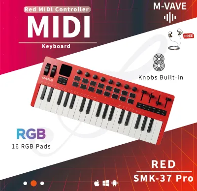 M-VAVE SMK-37 PRO Red 37-Key MIDI Controller With 16 RGB Pads 8 Knobs Built-in Synthesizer Portable