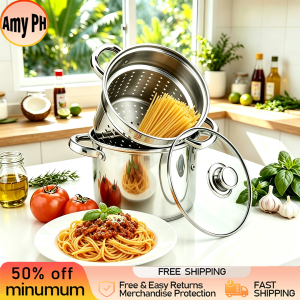 Stainless Steel Pasta Stock Pot with Strainer Basket Noodle Cooker Steamer Deep Fryer Soup Pan Compatible Induction Cooker for Home Kitchen  | Ships Today