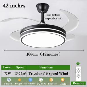 42 Inch Ceiling Fan Ceiling Fan With Light Luxury Three-Color Dimmable Fan Light Chandelier Light Fan Light Silent Invisible Light Smart Remote Control 6 Speeds Smart Timing Ceiling Fan