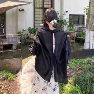 YOLO เสื้อชีฟองแขนพองผ่าหลังสำหรับใส่ไปทะเลเสื้อผ้าแฟชั่นเนื้อบางและเสื้อสตรีตัวบางสำหรับเดินทางชายหาด