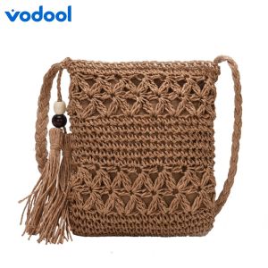 Women Solid Color Handbags Woven Tassel Shoulder Crossbody Universal Summer Beach Messenger Bag Fashionable Retro Bag