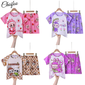 ChoiFoo เซ็ตชุดนอนเด็กแขนสั้น + กางเกงขาสั้นสำหรับฤดูร้อนชุดนอนลายการ์ตูนน่ารักสำหรับเด็กผู้หญิงและชุดนอนเด็กชายชุดนอนบางๆเย็นสบายและระบายอากาศได้ดีเสื้อผ้าใส่อยู่บ้านเป็นมิตรกับผิว