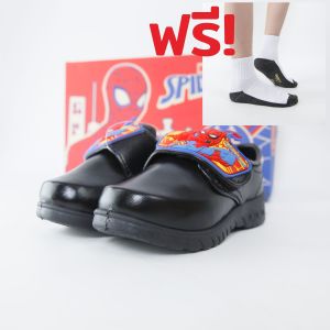 [ฟรีถุงเท้านักเรียน] รองเท้านักเรียนอนุบาลชายหนังดำKenta รุ่นSpider-Man (มีไฟกระพริบ) ลิขสิทธิ์แท้