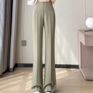 Spring Summer Thin Smooth Soft Womens Suit Pants Solid Color High Waist Casual Slim Wide Leg Pants