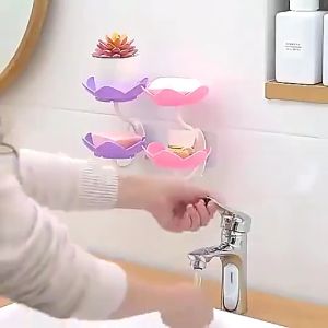 Double Layer Lotus Shaped Flowers Shape Soap Dish Soap Box Punch-free Wall Mounted PAZU