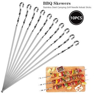 10PCS Reusable Flat Stainless Steel Barbecue Skewers Grilling Kebab Stick Grill Stick BBQ Tools Barbecue Rod