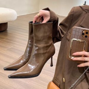 [Free Shipping] Pointed-Toe High-Heeled Boots For Women Slim Heels New Autumn/Winter Styles Elegant Patent Leather Ankle Boots Slim-Fit Boots Short Boots Retro Leather Boots