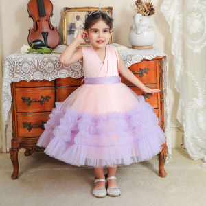 <Siap stok> 1-10 thn Gadis Natal Gaun Putri Anak-anak Fashion Tutu Pesta Pernikahan Solid Gaun Gaun Bola